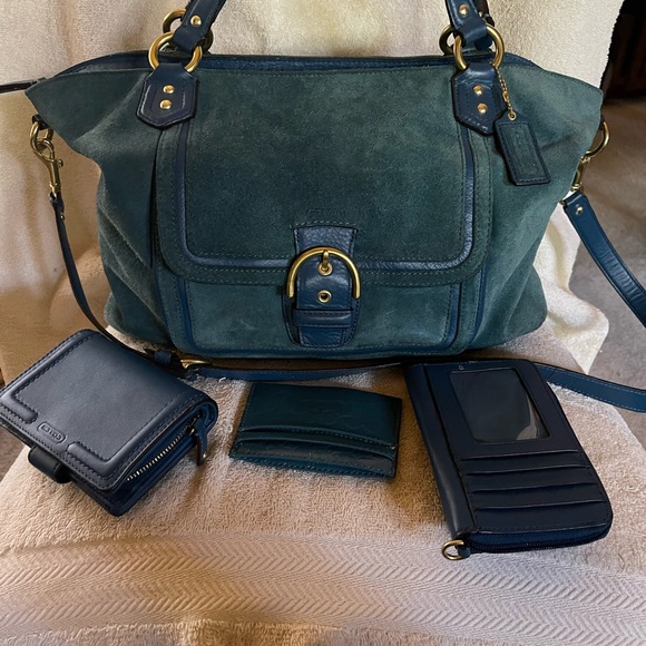 Teal Suede and Leather Coach Handbag Purse, Wallet, Patent Leather keychain - Picture 3 of 5